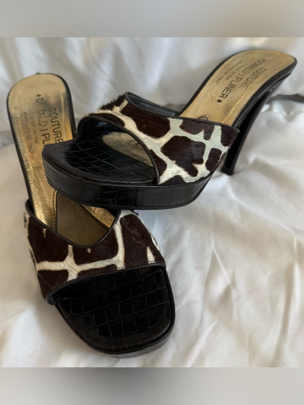 Vintage Donald J Pliner Calf Hair Giraffe Print Platform Mule Heel 6.5 Italy Y2K - Picture 2 of 16